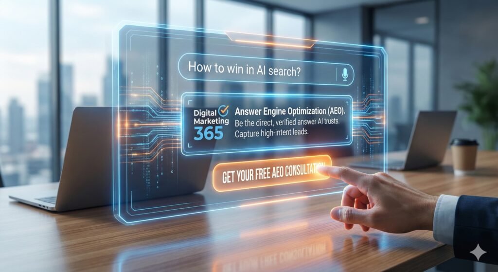 A finger clicing a call to action for Answer Engine Optimization services