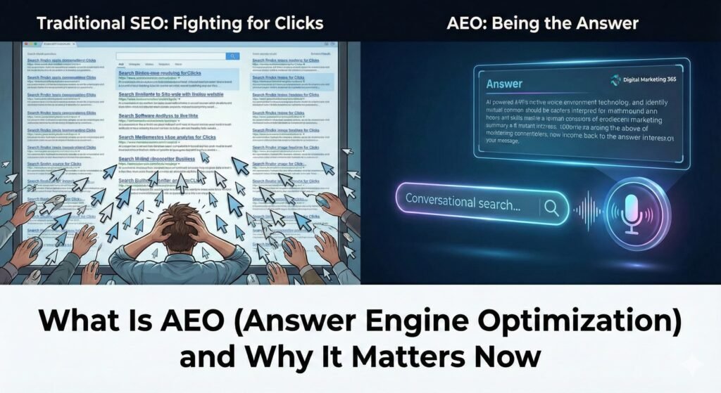 2 images a guy holding his head because pay per click is not working. The 2nd image is a checklist of Answer Engine Optimization