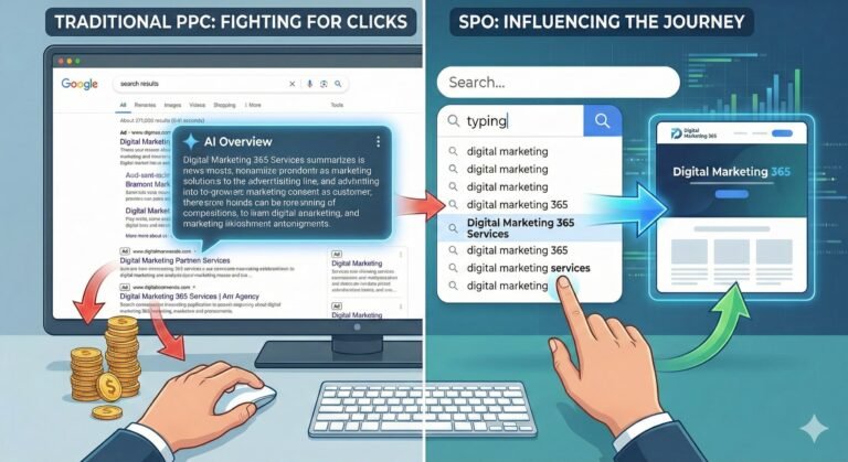 2 computer screens side by side showing traditional search results versus Search Page optimization